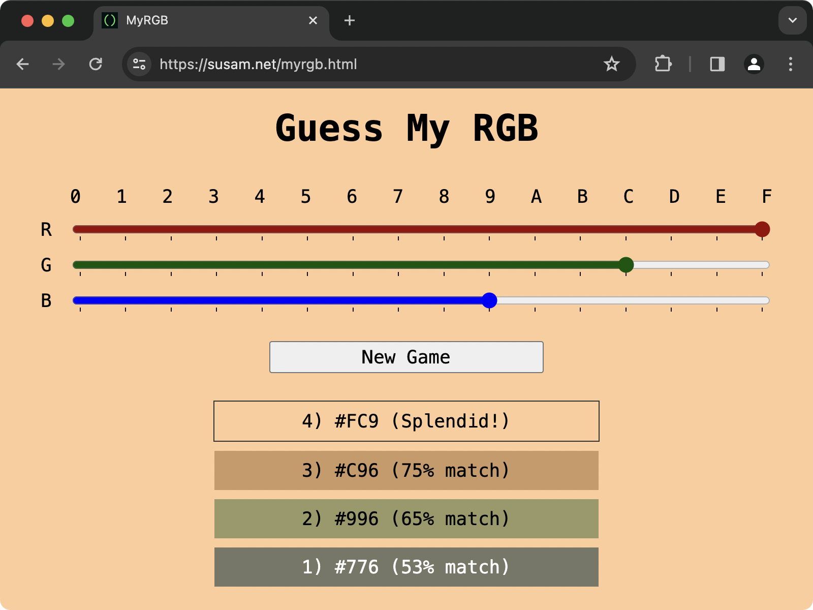 Screenshot of a completed game of Guess My RGB